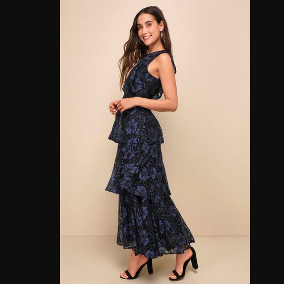 Lulus - NWT - Molinetto Navy Blue Lace Ruffled Tiered Sleeveless Maxi Dress - Picture 2 of 7